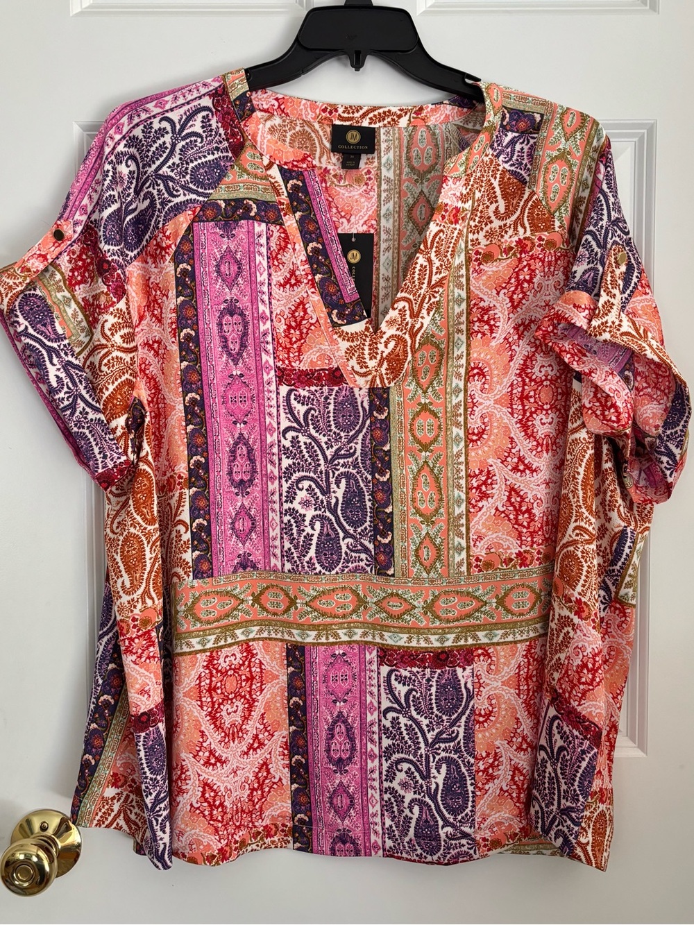 JM Collection Mixed Paisley Split-Neck Tunic - Pink, Purple & Orange